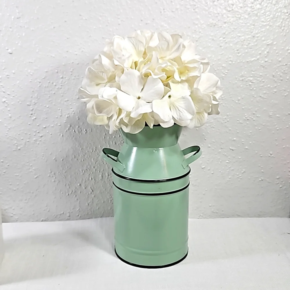 mint color metal milk jar with Hydrangea